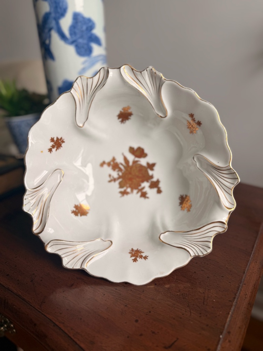 White Porcelain Decorative Serving Bowl with Gold Floral Accents